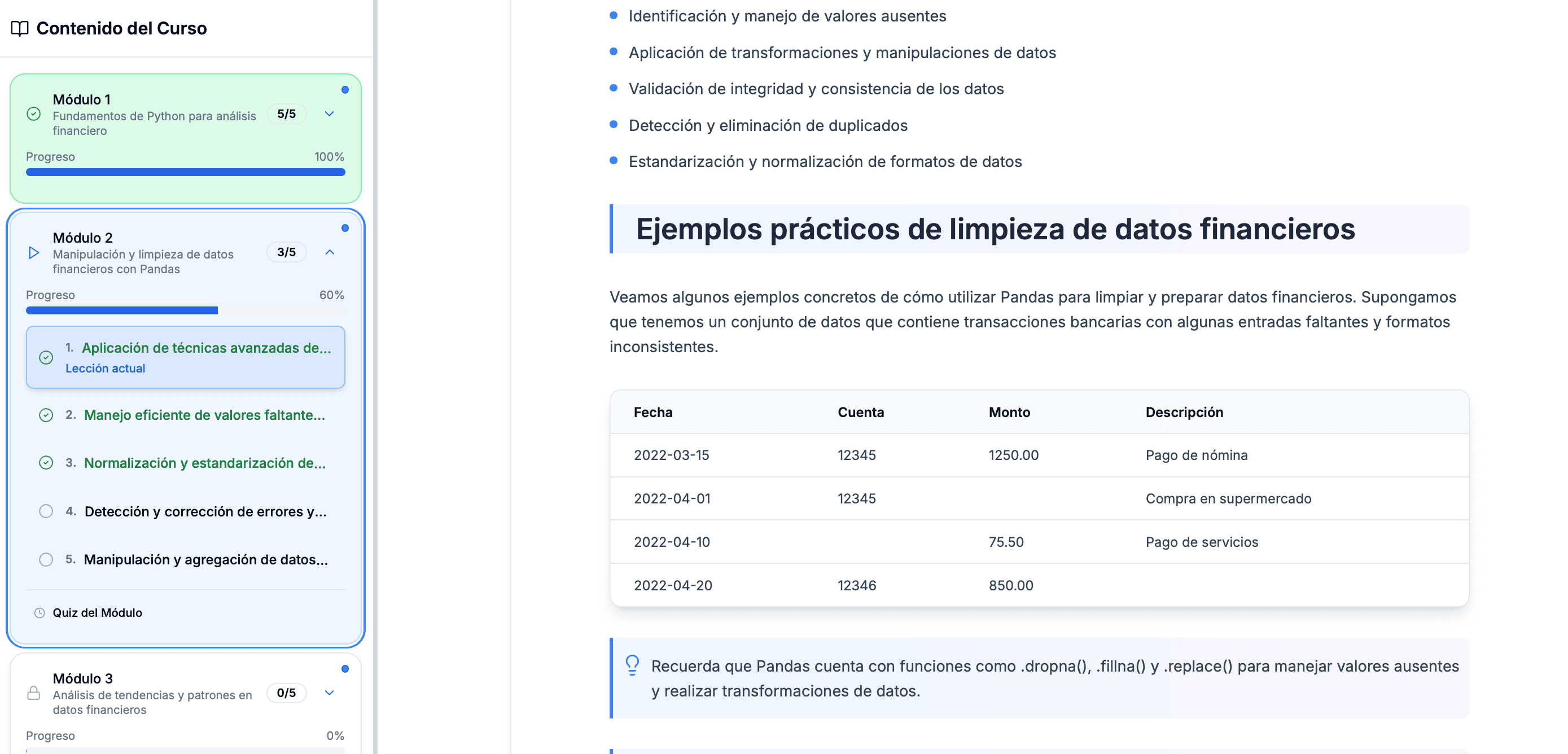 Interfaz de curso en Cursia